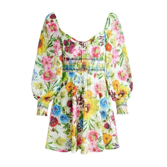 ALICE + OLIVIA Crawford Sweetheart Mini Dress Floral Puff Sleeves Lace Up Size 0